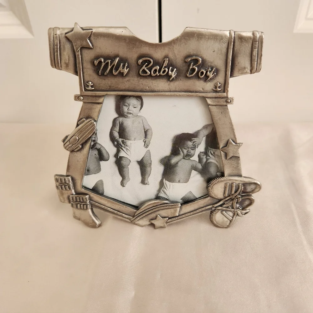Vintage Pewter Noah’s Ark Picture Frame, Baby Girl & Baby Boy Frame